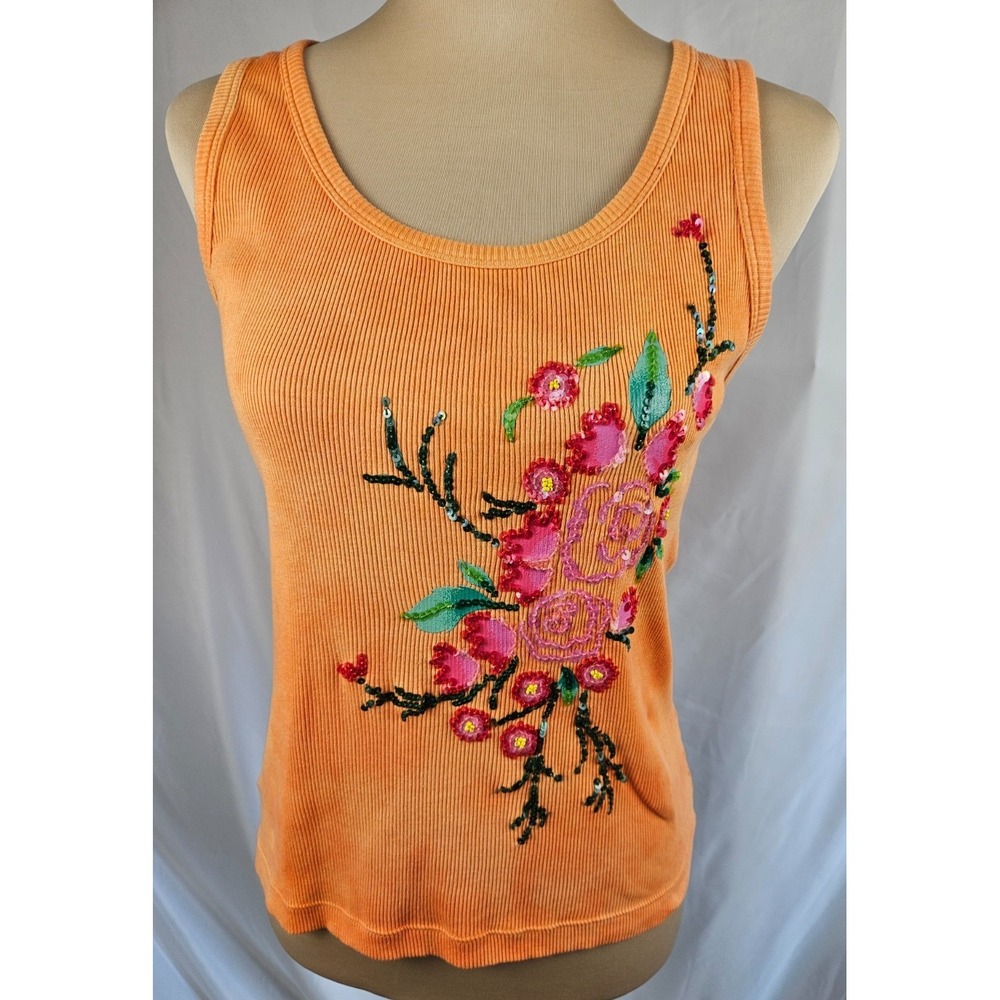 Moda International Peach Beaded Sequin Tank Top Y2K Floral Ribbed S Embroidered